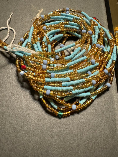 Neelam Authentic Ghanaian Blue Gold Waistbeads 43 Inches