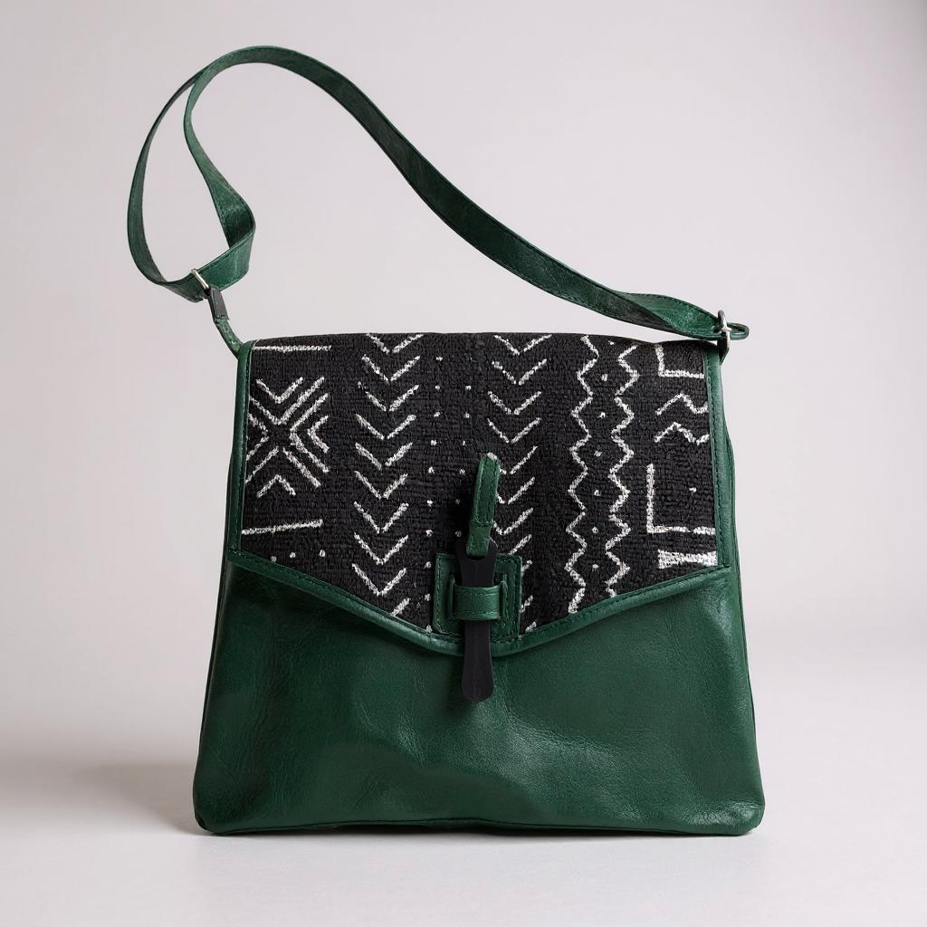Green Bogolan Cipher Bag – Handmade Mudcloth & Leather Crossbody (9” x 11”)