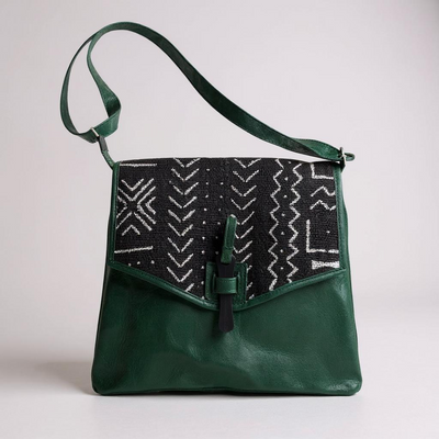 Green Bogolan Cipher Bag – Handmade Mudcloth & Leather Crossbody (9” x 11”)