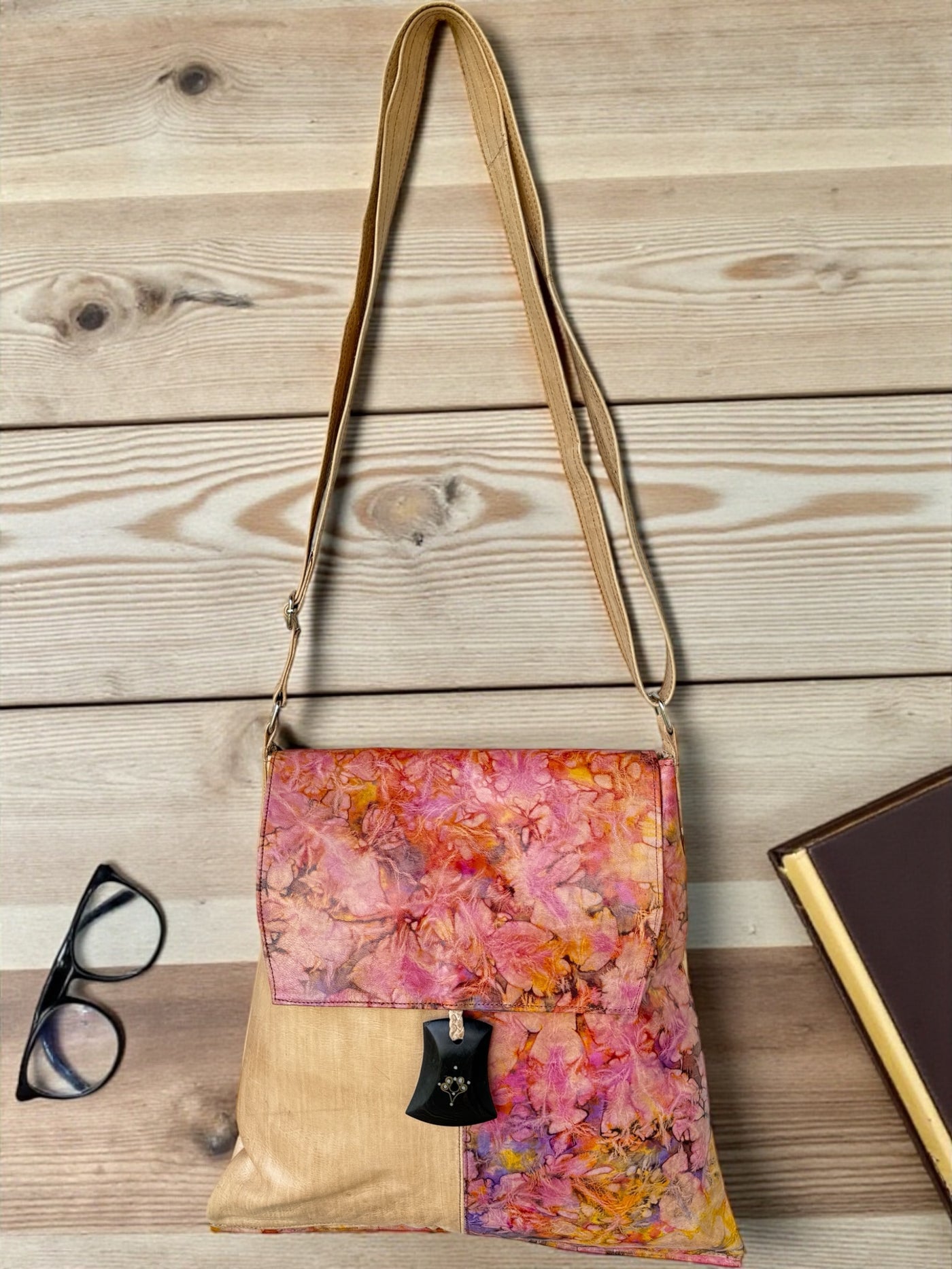 Golden Rose Crossbody Bag – Handmade Leather Art from Mali (17x16 inch)