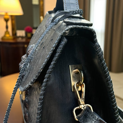 Luxury Handmade Black Textured Leather Handbag with Gold Push-Lock