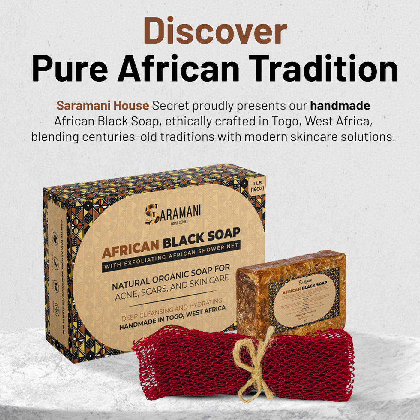 African Black Soap with Exfoliating African Shower Net – Natural Organic Soap for Acne, Scars, and Skin Care – Deep Cleansing and Hydrating, Handmade in West Africa – 1 lb (16oz)