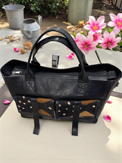 Savanna Voyager Tote – Black Leather & Mudcloth Travel Bag Handmade in Mali (11x16x5.5)