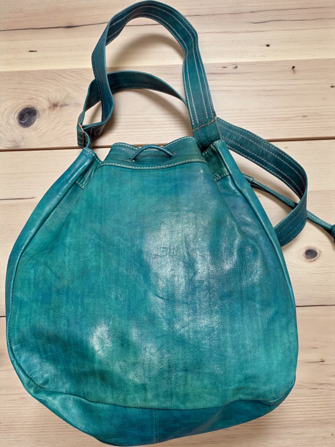 Azure Nomad Leather Bucket Bag – Hand-Dyed & Handmade in Mali