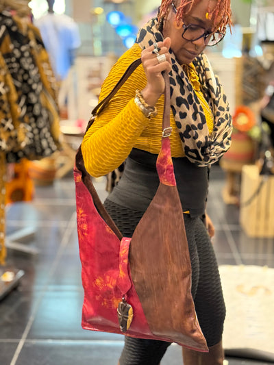 Two-Tone Leather Shoulder Bag with Tie-Dye and African Mask Pendant