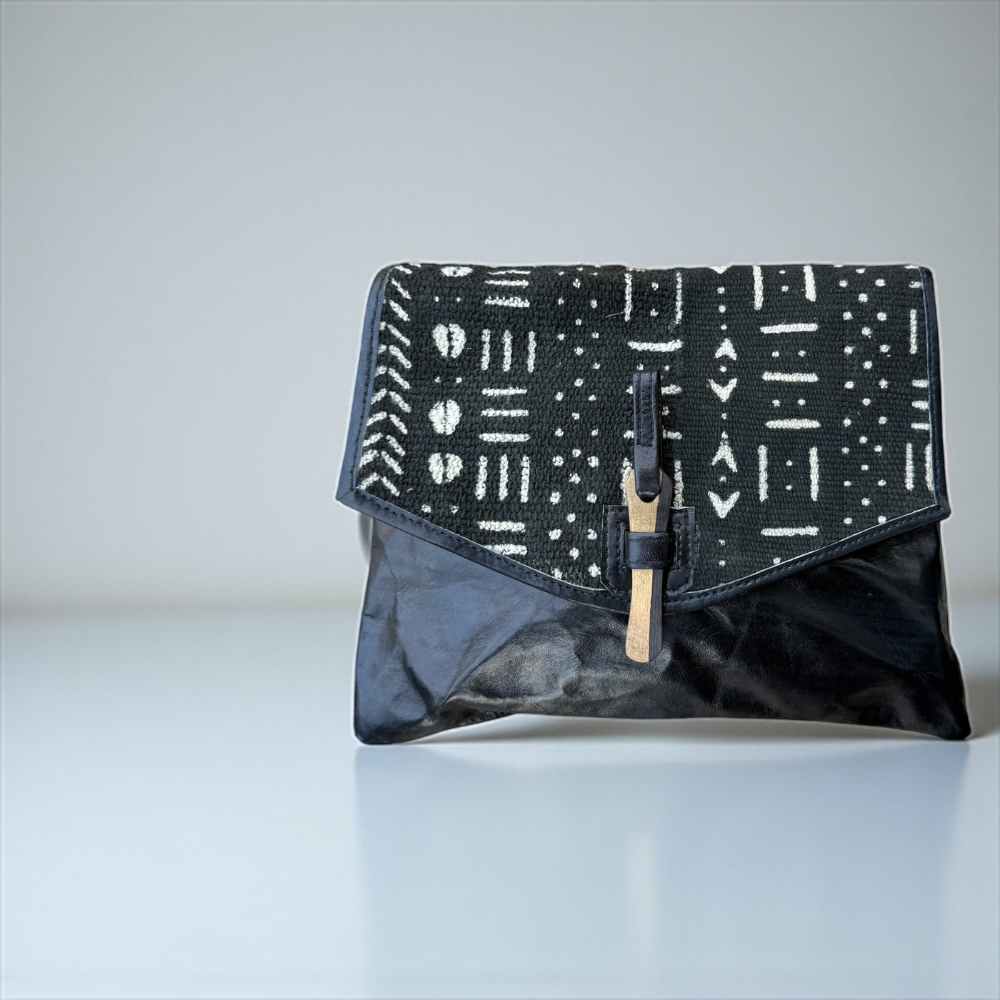 Black Bogolan Cipher Bag – Handmade Mudcloth & Leather Crossbody (9” x 11”)