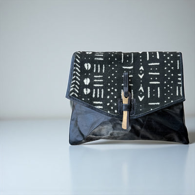 Black Bogolan Cipher Bag – Handmade Mudcloth & Leather Crossbody (9” x 11”)