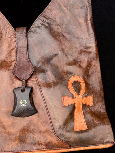 Two-Tone Leather Shoulder Bag with Tie-Dye and African Mask Pendant