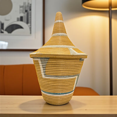 Rwanda Handwoven Lidded Basket – Mustard & White Accents (20”)