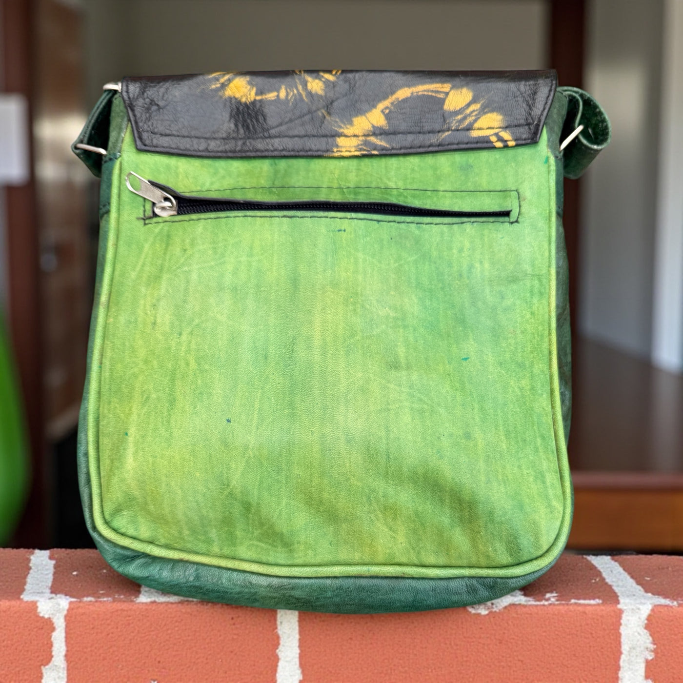 Green & Black Tie-Dye Leather Crossbody Bag – Handmade 9x11