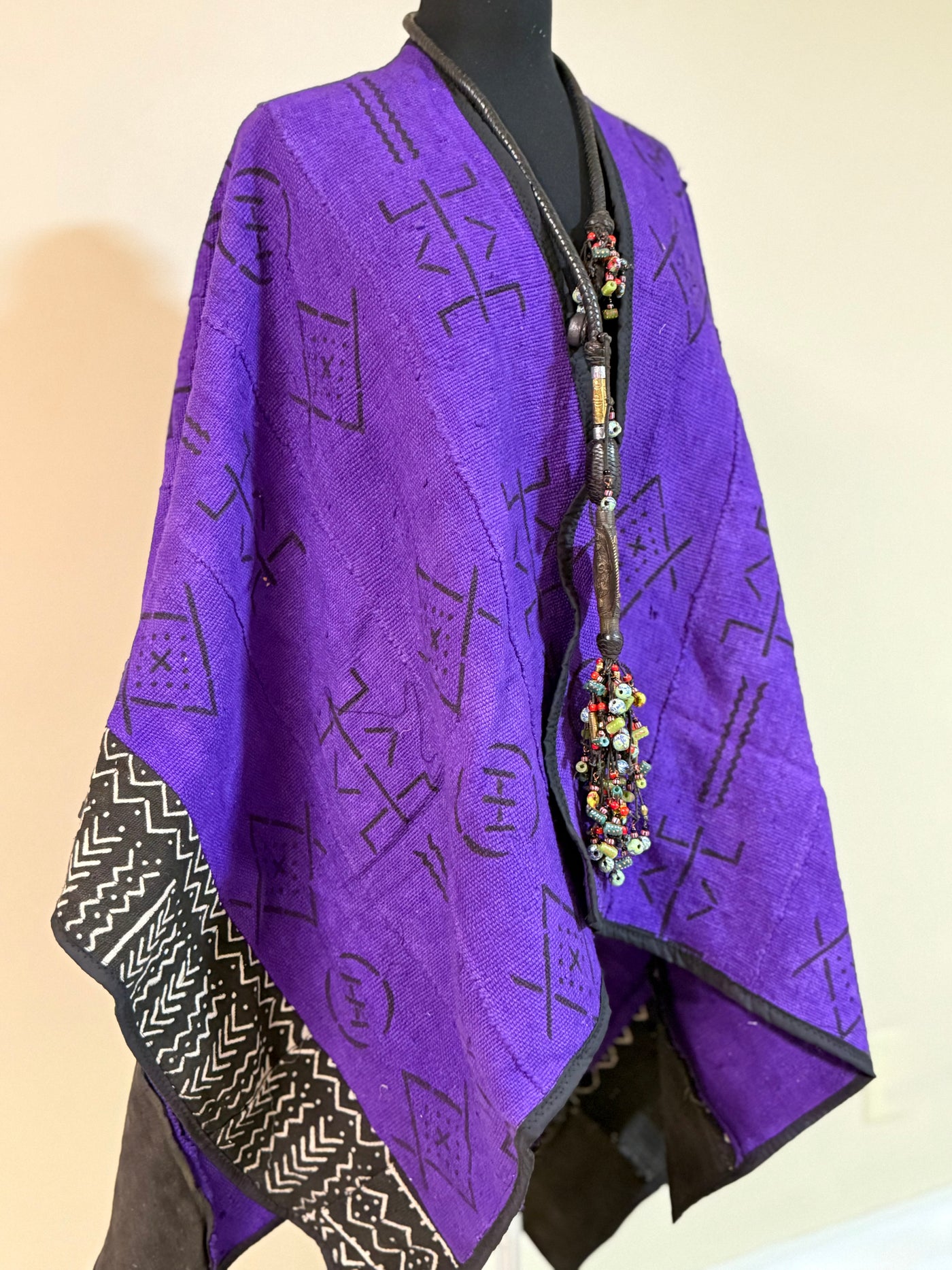 Purple Mudcloth Shawl with Black Geometric Patterns – Handcrafted, One Size Fits Most