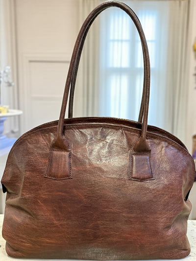 Desert Jewel Leather Tote – Genuine Brown Leather Bag with Ebony Wood Finish, Handmade in Mali (11x18x6)