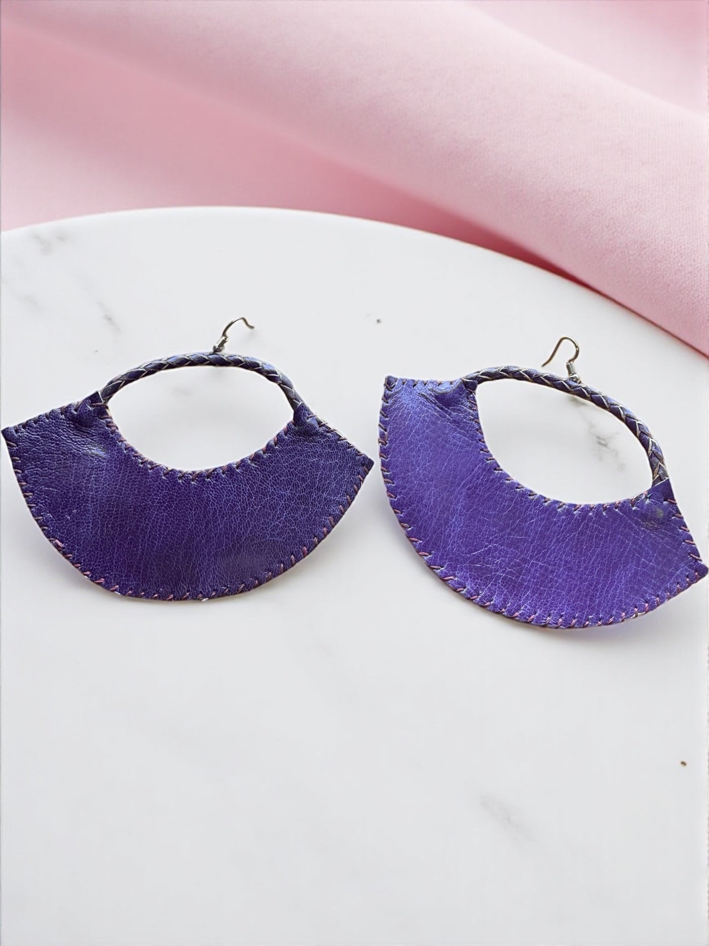 Sanaa Half-Moon Leather Earrings – Handcrafted Purple African Art Design