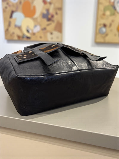 Savanna Voyager Tote – Black Leather & Mudcloth Travel Bag Handmade in Mali (11x16x5.5)