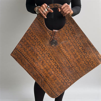 Brown Oversized Mudcloth-Inspired Leather Tote Bag – Handcrafted Statement Piece (25x22 inch)