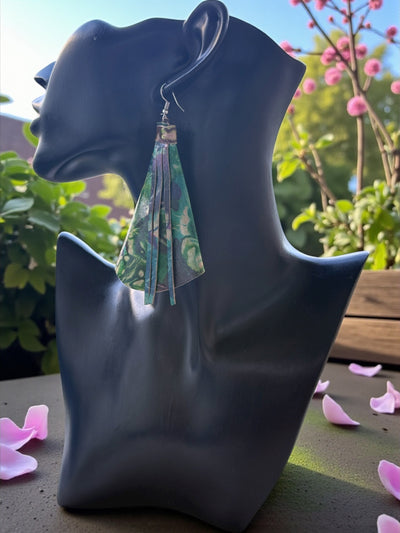 Saramani Bandi Tie-Dye Leather Fringe Earrings – Handmade in Burkina Faso (Green & Plum)