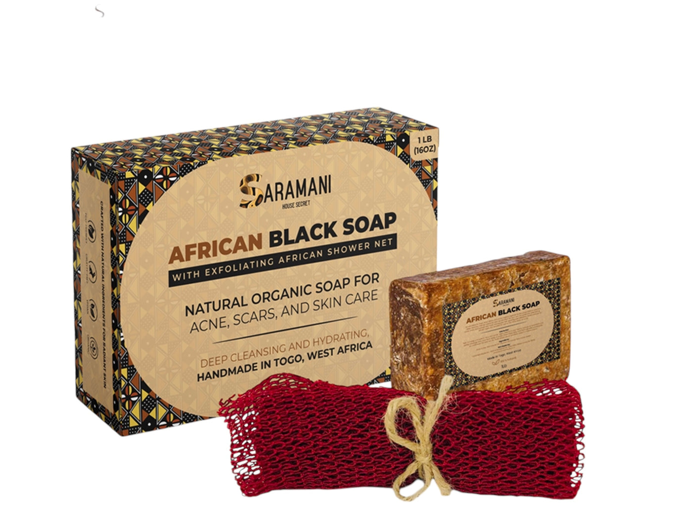 African Black Soap with Exfoliating African Shower Net – Natural Organic Soap for Acne, Scars, and Skin Care – Deep Cleansing and Hydrating, Handmade in West Africa – 1 lb (16oz)