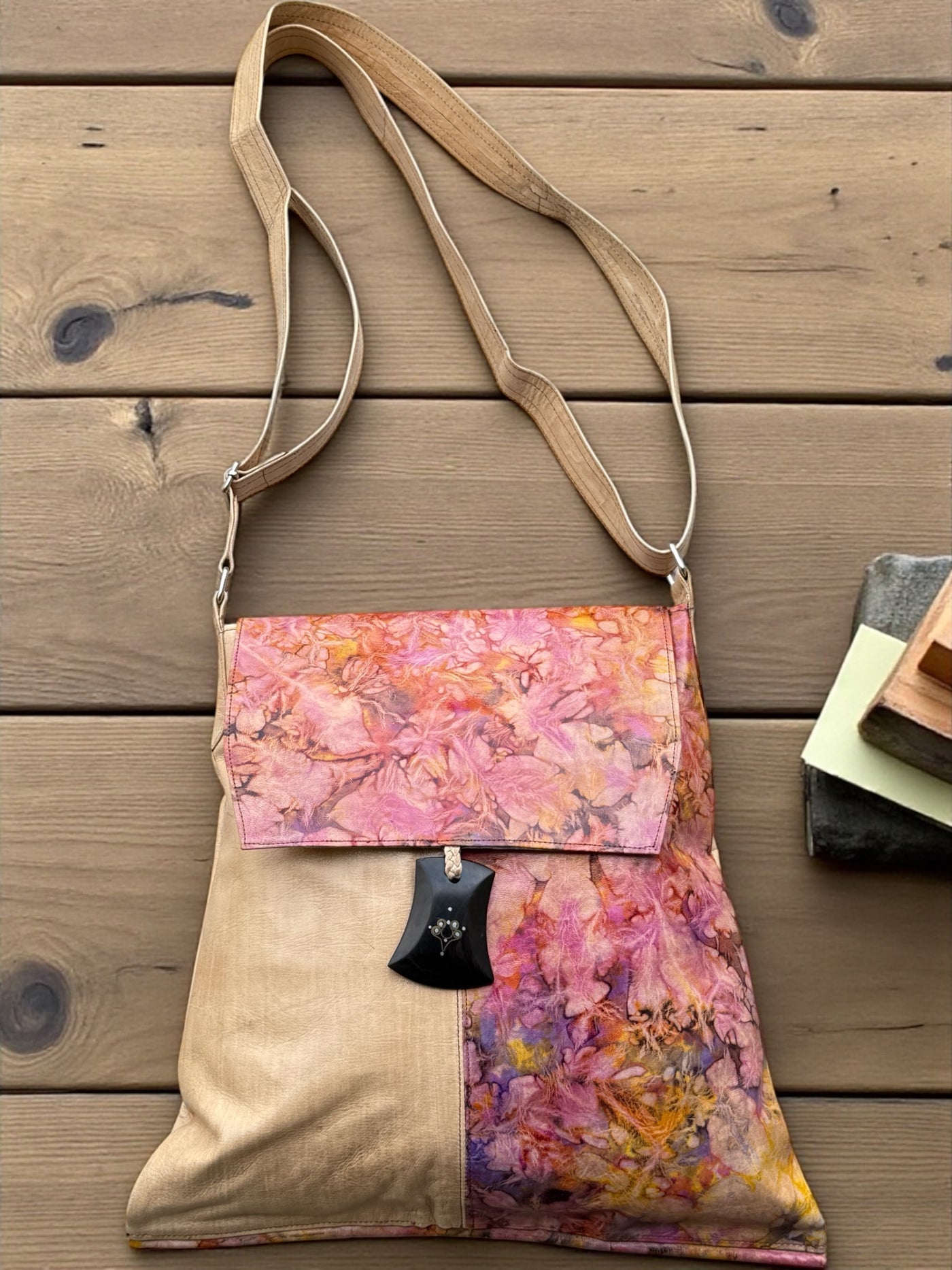 Golden Rose Crossbody Bag – Handmade Leather Art from Mali (17x16 inch)