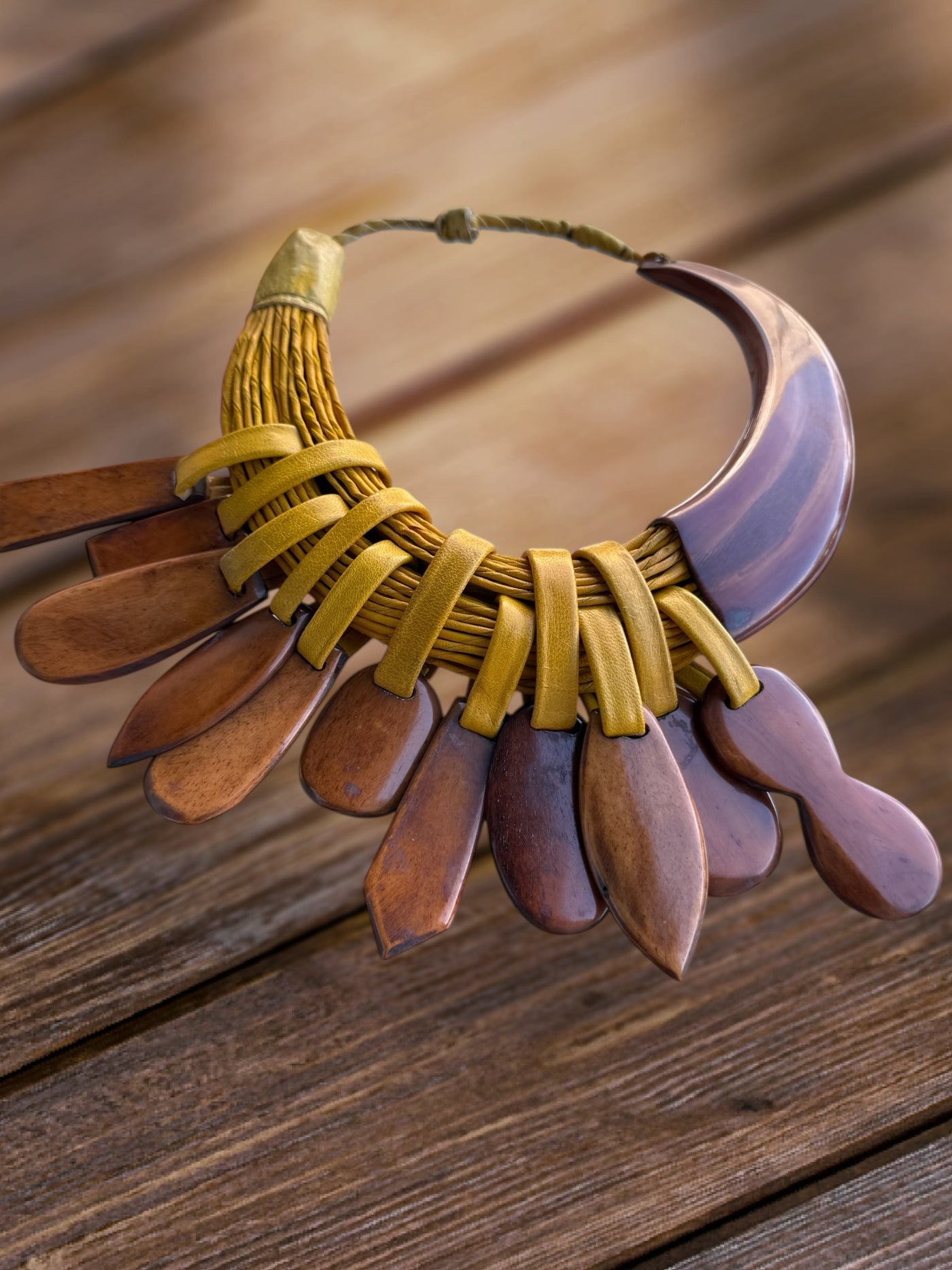 Sunu Kanu Necklace – Handmade African Statement Jewelry in Recycled Leather & Horn | 22–23” | Multiple Colors | Crafted in Mali