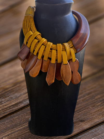 Sunu Kanu Necklace – Handmade African Statement Jewelry in Recycled Leather & Horn | 22–23” | Multiple Colors | Crafted in Mali
