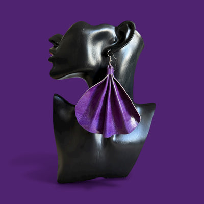 Saramani Royal Plum Leather Fan Earrings – Handmade from Recycled Leather, Burkina Faso