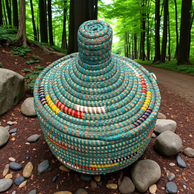 Senegal Handwoven Lidded Basket – Teal & Multicolor Accents (10.5”)
