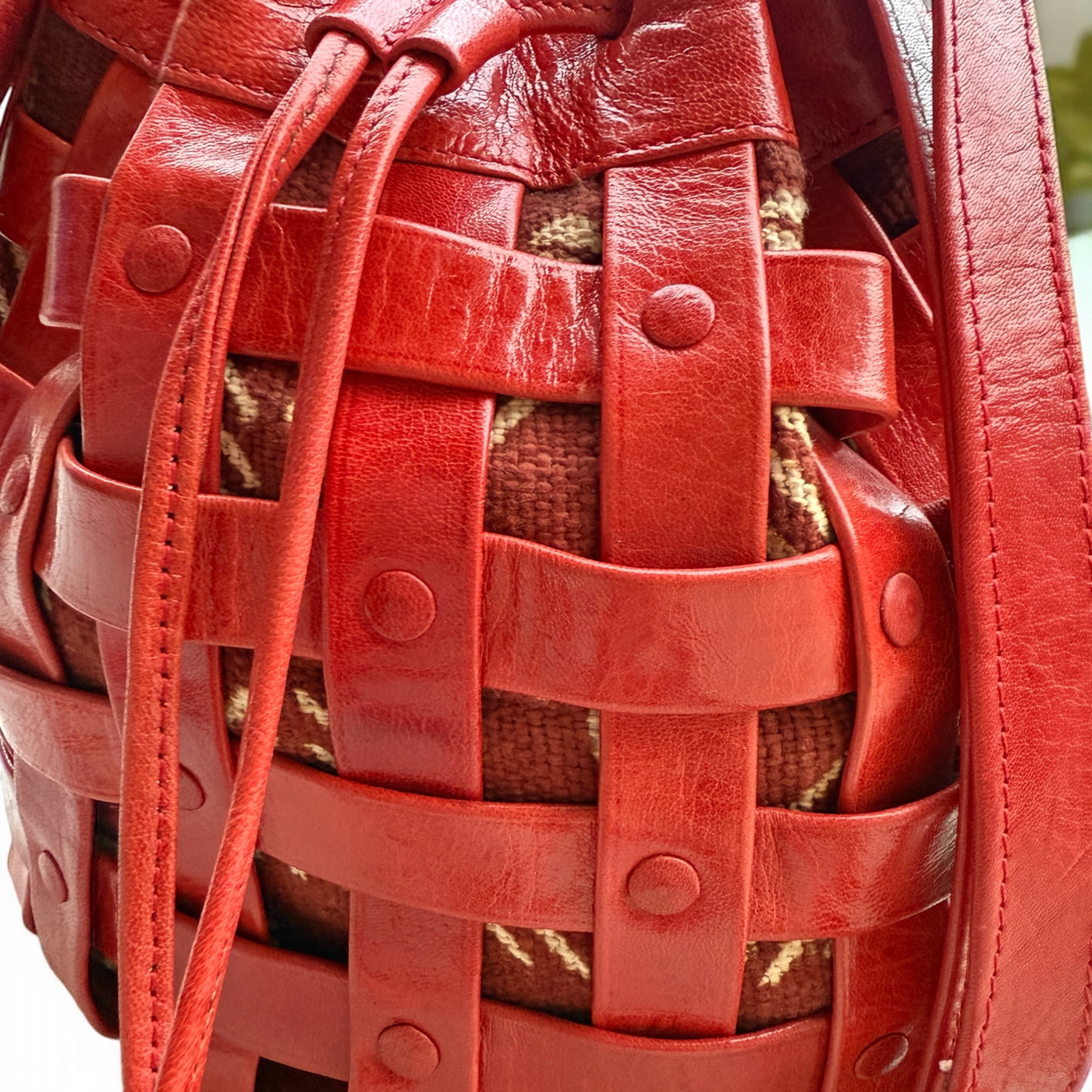 Red Waffle Weave Leather & Mudcloth Bucket Bag – Handmade in Mali