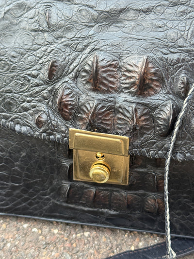 Luxury Handmade Black Textured Leather Handbag with Gold Push-Lock