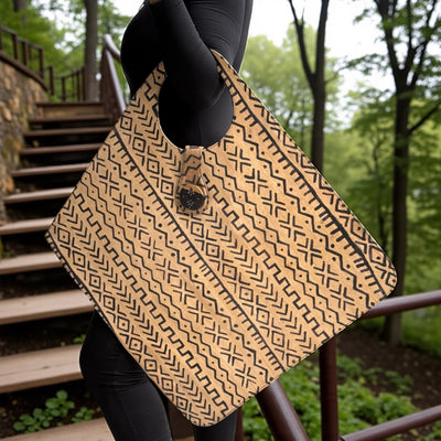 Two-Tone Oversized Leather & Mudcloth-Inspired Tote Bag – Handcrafted Statement Piece (25x22 inch)