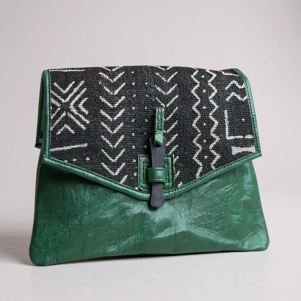 Green Bogolan Cipher Bag – Handmade Mudcloth & Leather Crossbody (9” x 11”)