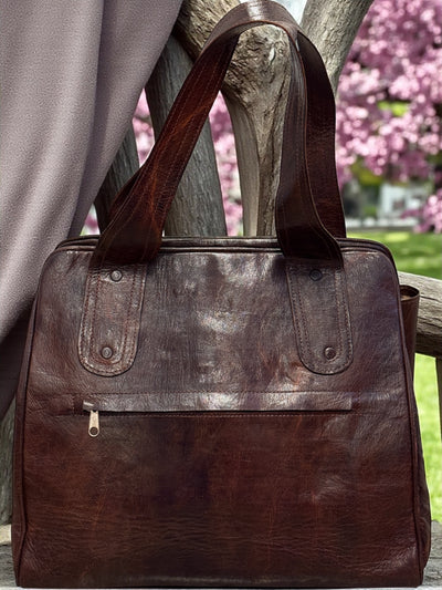 Bogolan Heritage Tote – Brown Leather & Mudcloth Bag Handmade in Mali (14x15x8)
