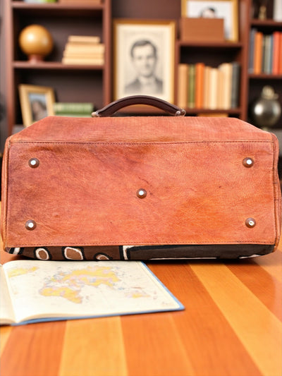 Sahara Muse Leather Tote – Handmade in Mali with Mudcloth & Ebony Wood Accent (13.5x14x7)