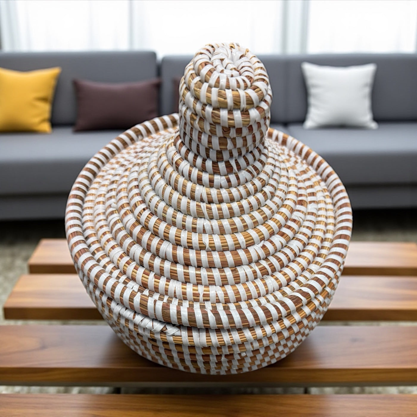 Small Senegal Handwoven Lidded Basket – Natural & White Stripes (8”)