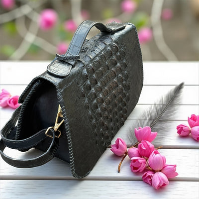 Luxury Handmade Black Textured Leather Handbag with Gold Push-Lock
