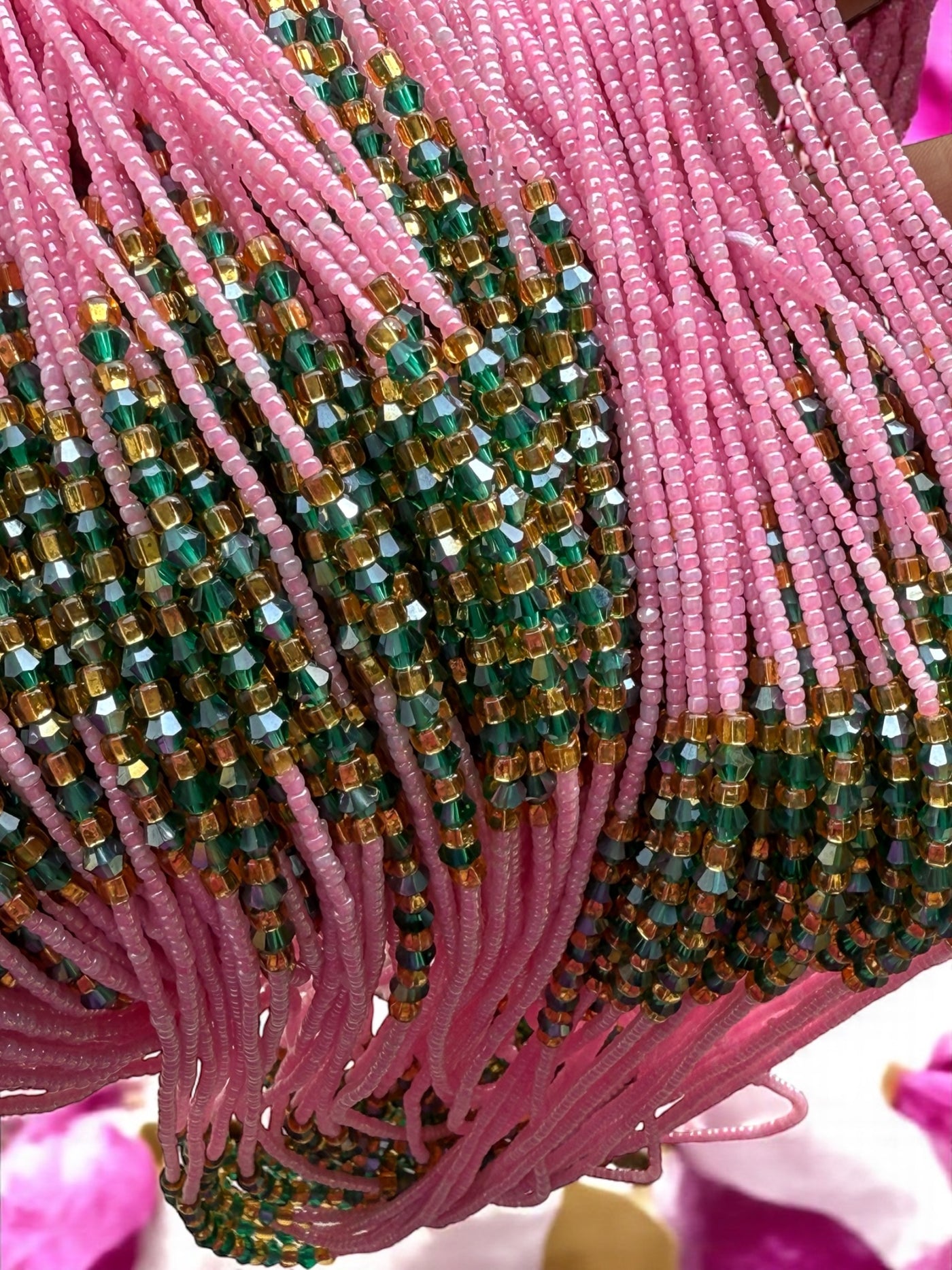 Saramani “Guardian Blossom” Waist Beads – Pink, Green & Gold | 44” Handmade Tie-On