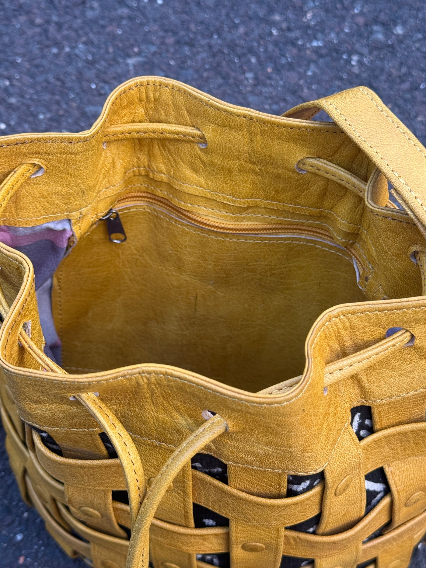 Yellow Waffle Weave Leather & Mudcloth Bucket Bag – Handmade in Mali