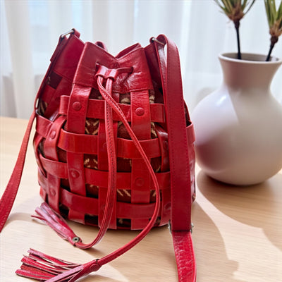 Red Waffle Weave Leather & Mudcloth Bucket Bag – Handmade in Mali