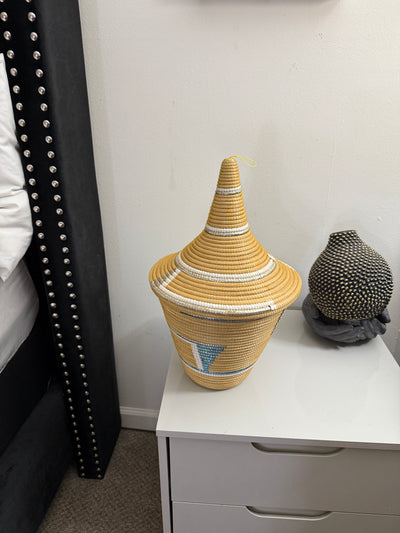 Rwanda Handwoven Lidded Basket – Mustard & White Accents (20”)