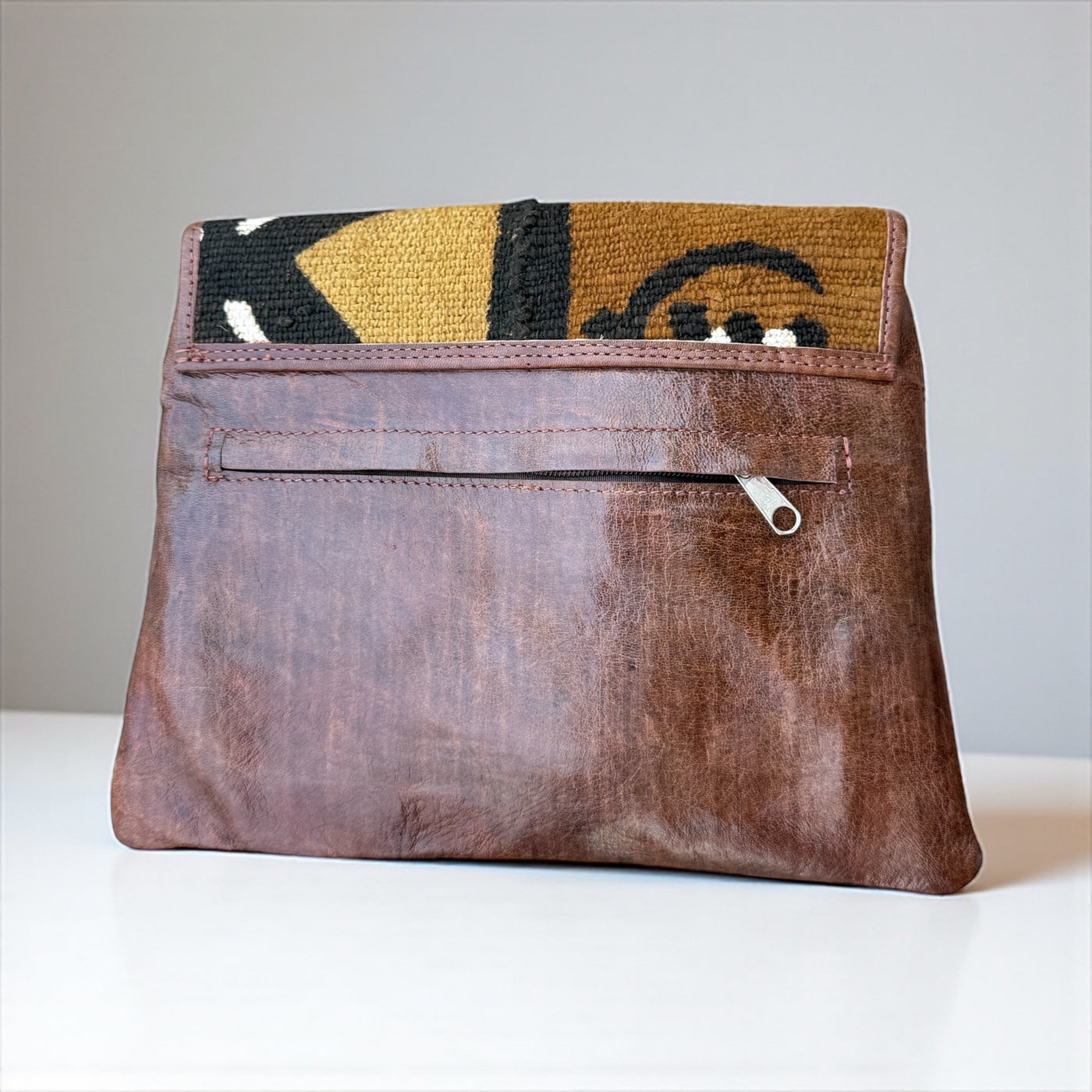 Brown Bogolan Cipher Bag – Handmade Mudcloth & Leather Crossbody (9” x 11”)