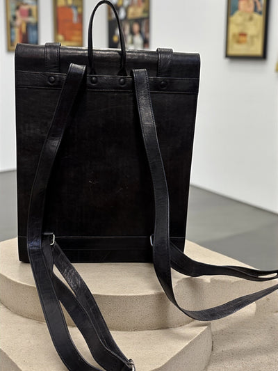Midnight Black Voyager Leather Backpack – Handmade in Mali (16x13x3 in)
