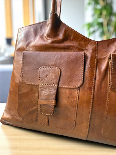 Vintage Cognac Leather Tote – Handmade 9.5” x 16” x 3” with Dual Front Pockets