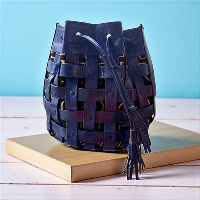 Blue Waffle Weave Leather & Mudcloth Bucket Bag – Handmade in Mali