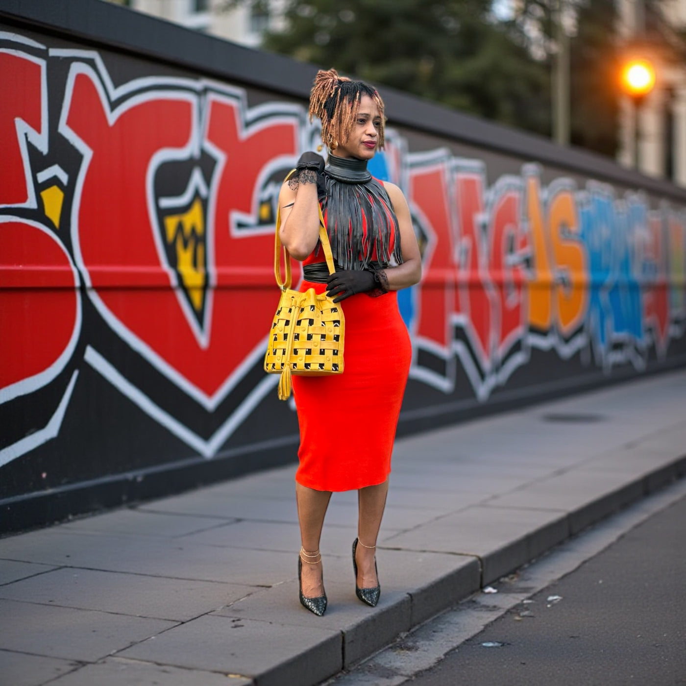 Yellow Waffle Weave Leather & Mudcloth Bucket Bag – Handmade in Mali