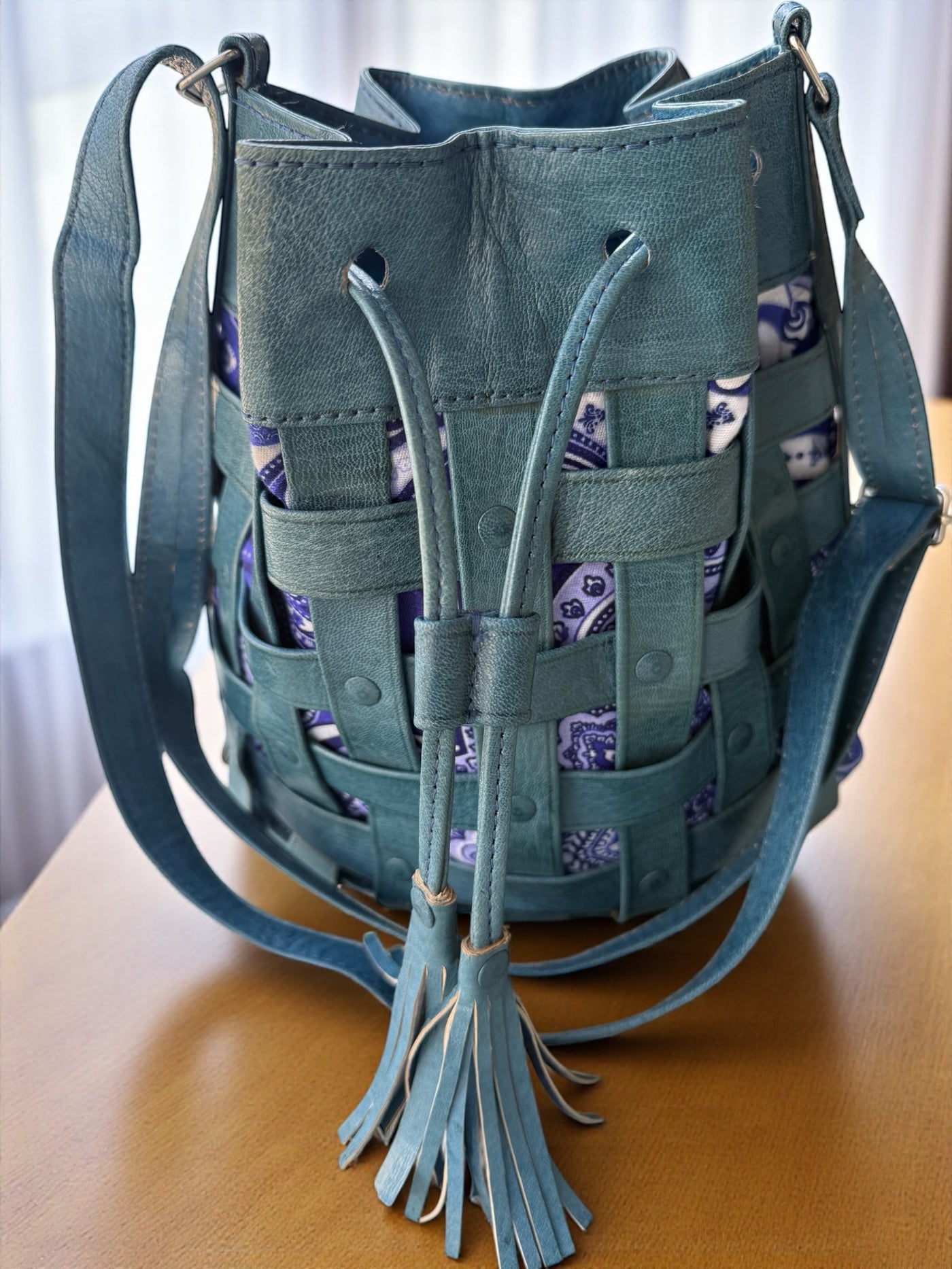 Teal Waffle Weave Leather & Patterned Mudcloth Bucket Bag – Handmade in Mali