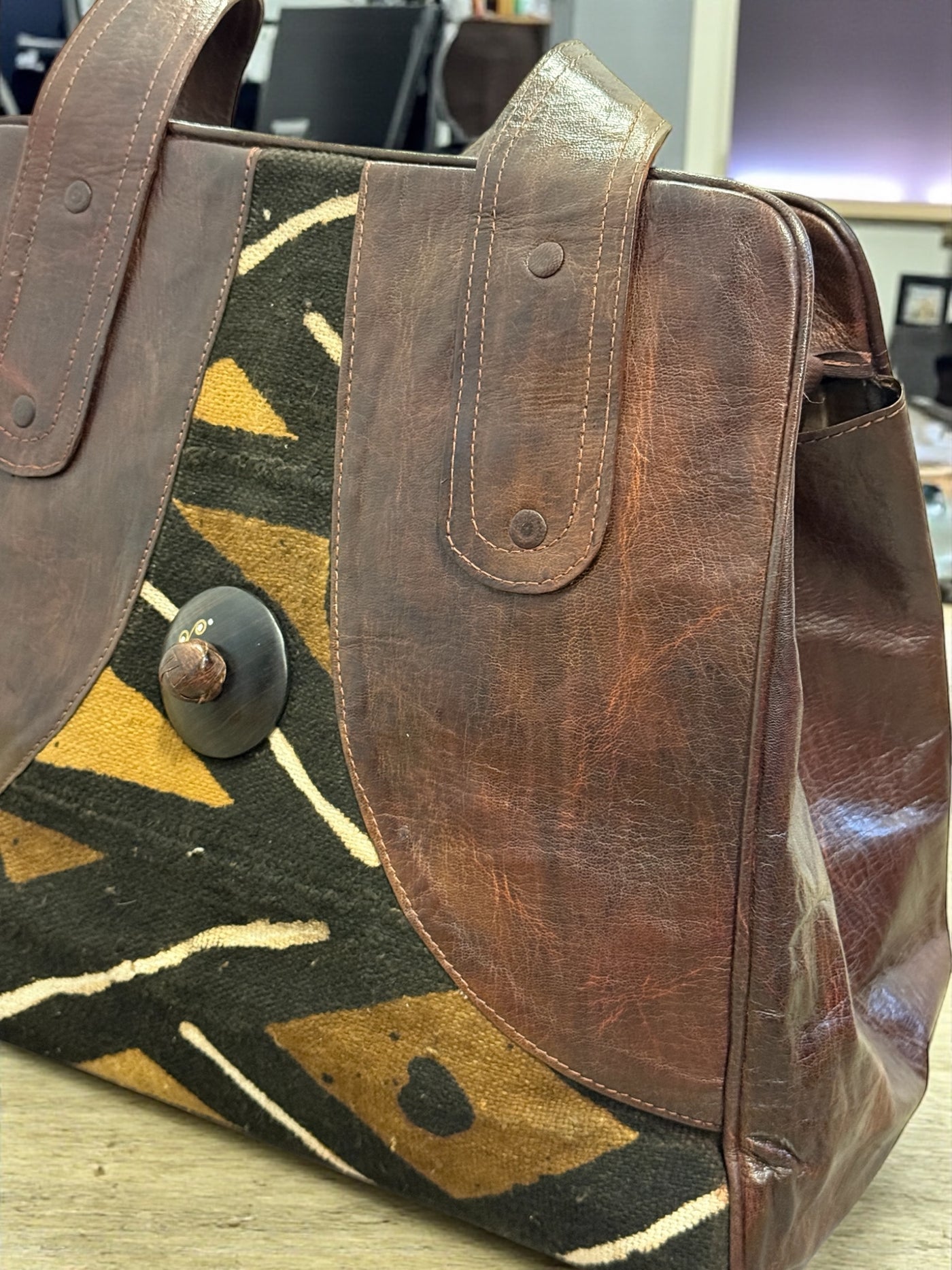 Bogolan Heritage Tote – Brown Leather & Mudcloth Bag Handmade in Mali (14x15x8)