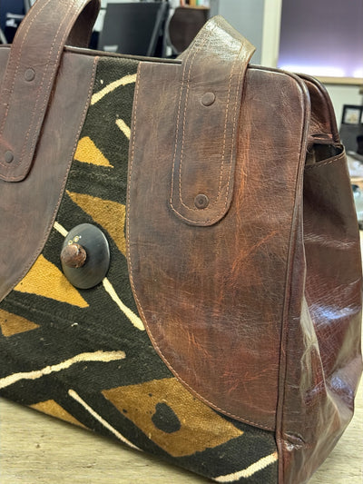 Bogolan Heritage Tote – Brown Leather & Mudcloth Bag Handmade in Mali (14x15x8)
