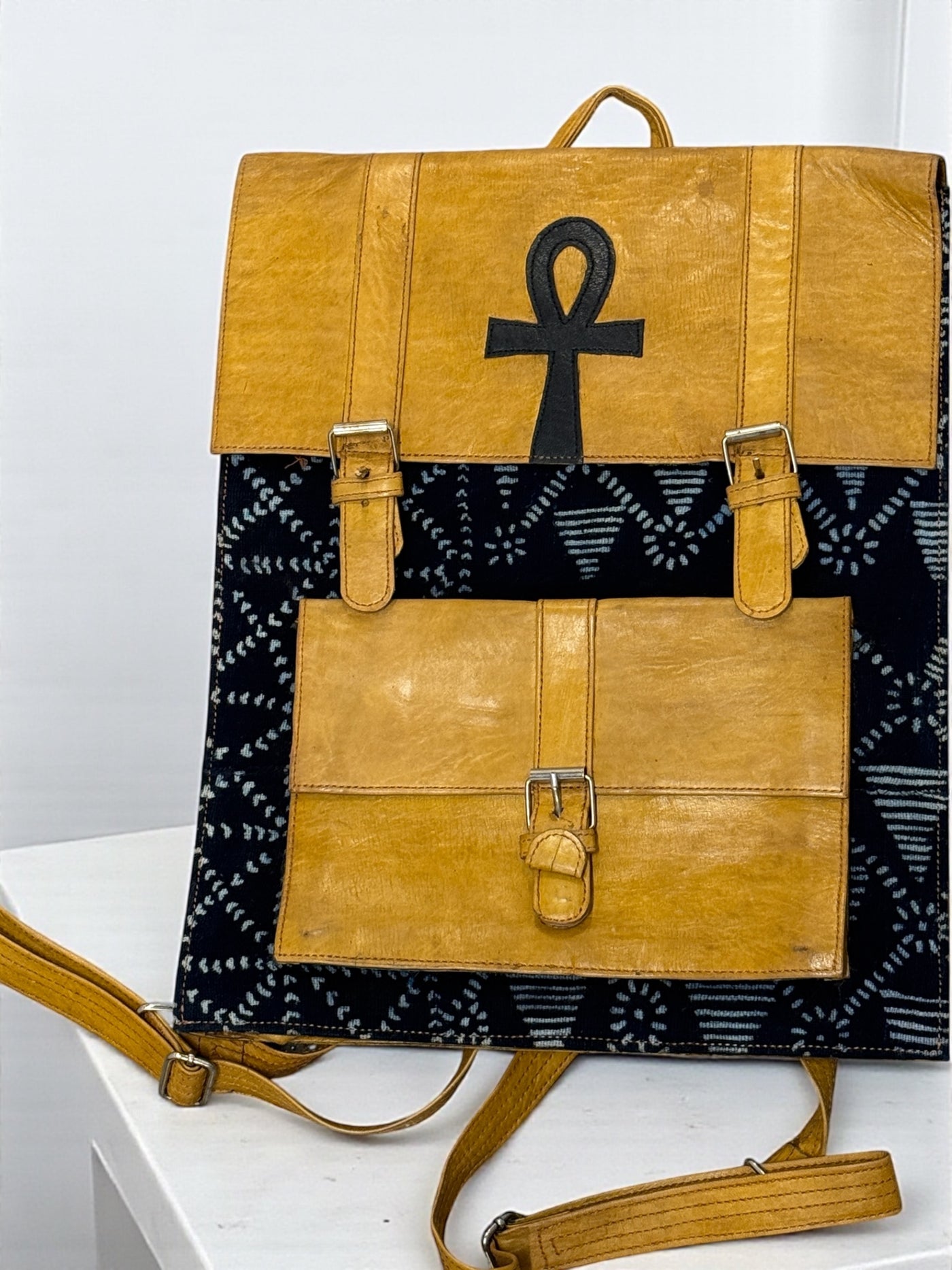 Ankh Heritage Leather & Indigo Backpack – Handmade in Mali (16x13x3 in)