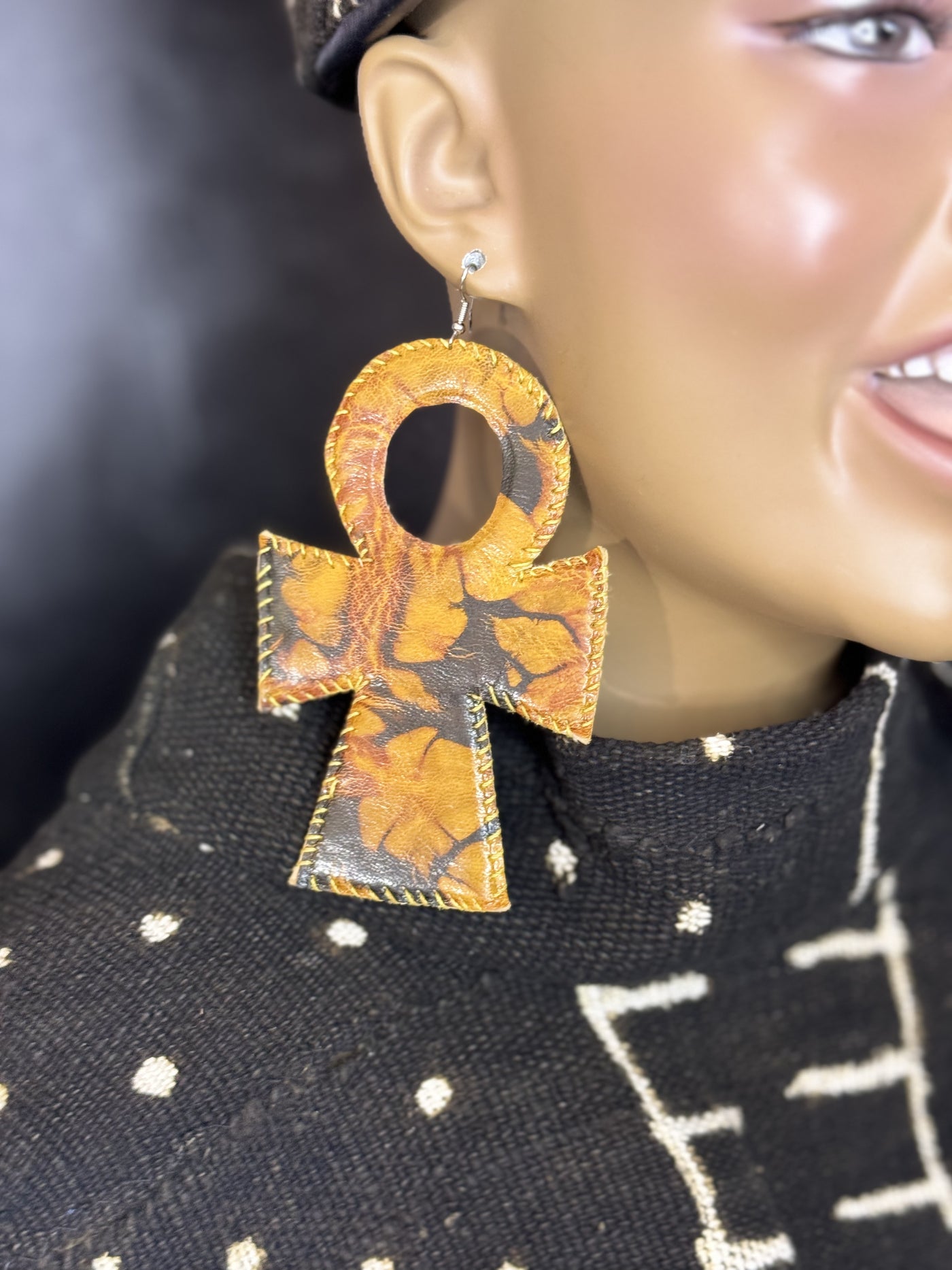 Oversized Ankh Leather Earrings