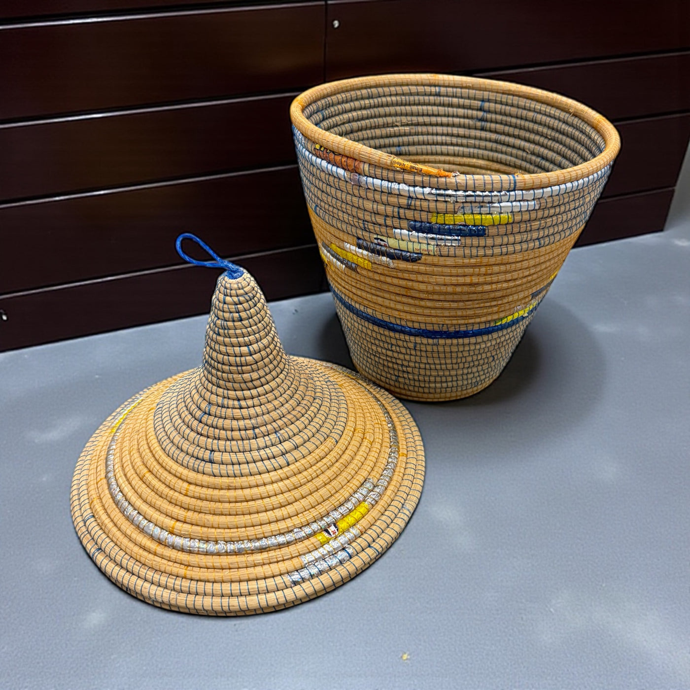 Rwanda Handwoven Lidded Basket – Blue, Yellow & Metallic Silver Accents (17.5”)