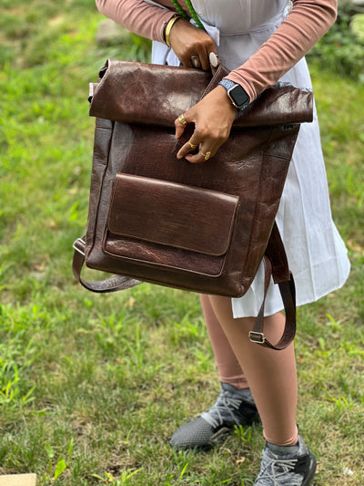 "Artisan-Crafted Full-Size Leather Backpack: A Taste of Mali's Heritage"
